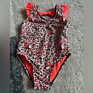 Buc-ee’s Girls Leopard Print One-Piece Swimsuit with Cartoon Fox- 12-18 months